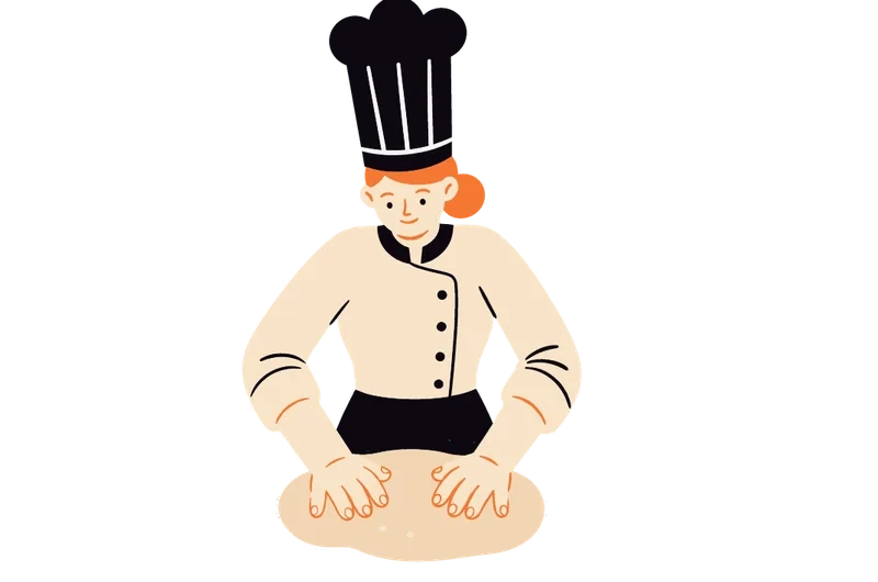 Ilustração de uma chef sovando massa sobre a bancada, com uma tigela de ingredientes, um saco de farinha e um rolo de massa